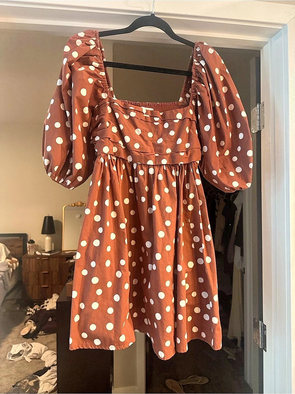 Abercrombie & Fitch A&F Emerson Puff Sleeve Mini Dress Brown & White Medium